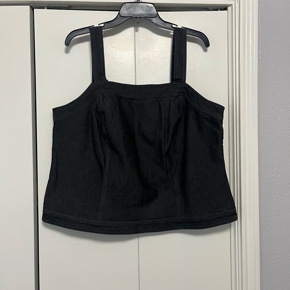 Vintage Black Denim Two Piece Set Square Neck Tank Top and Midi Skirt Blacko - Picture 2 of 6